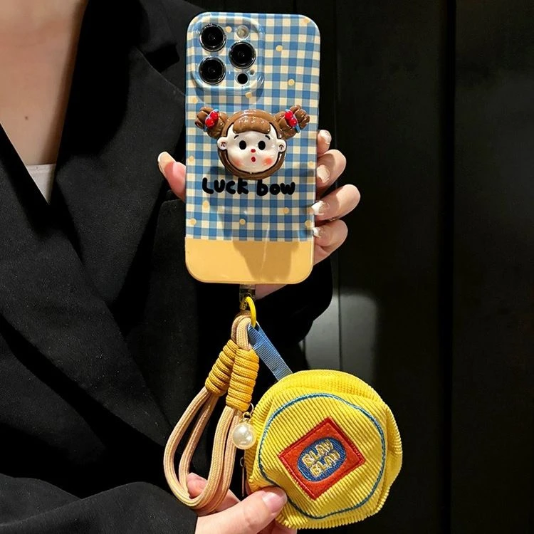 小清新格纹女孩支架苹果15promax斜挎手机壳iPhone14手提13零钱包