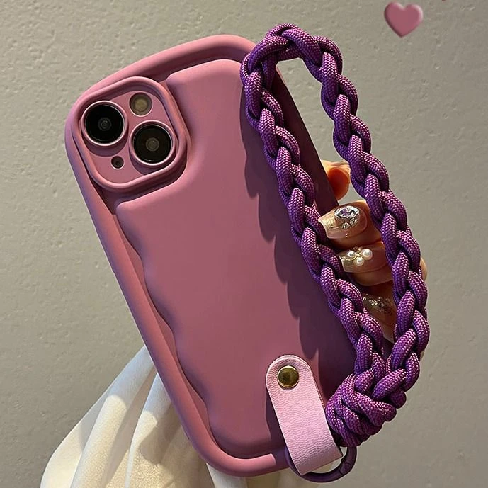 气垫树莓紫硅胶编织手提绳苹果13promax手机壳14防摔iPhone15软壳