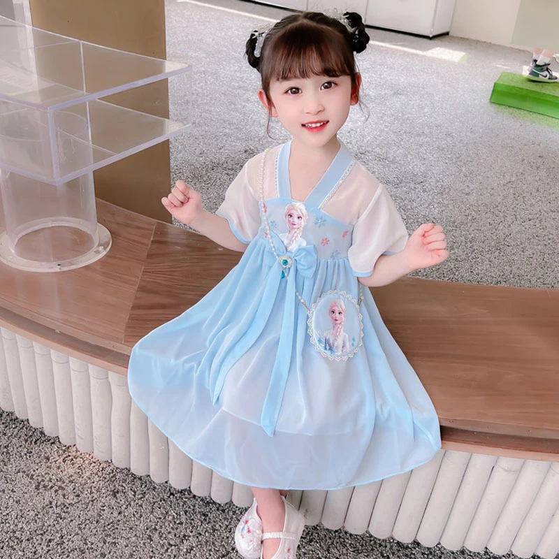 女宝夏季短袖雪纺汉服连衣裙儿童爱莎复古公主裙小女孩艾莎包包裙