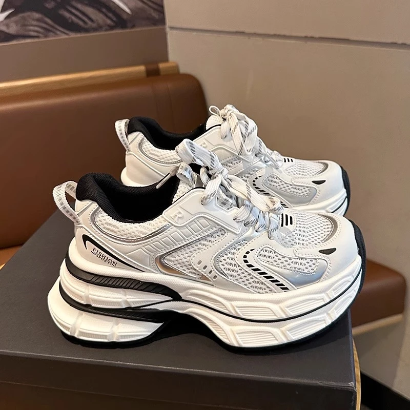 增高透气老爹鞋女夏2024新款厚底轻便小白鞋银色网面休闲运动鞋