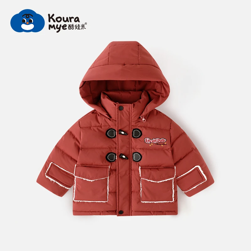 酷娃米白鸭绒儿童红色连帽羽绒服保暖童装