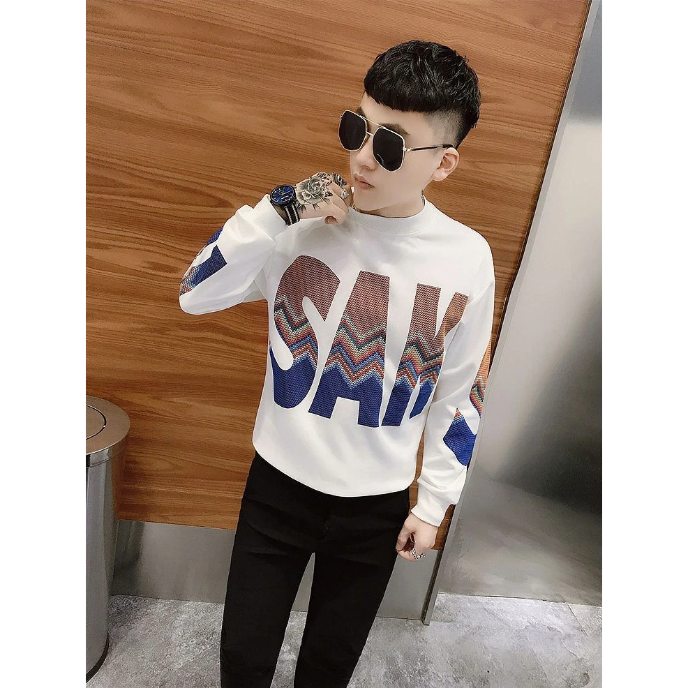 热卖现货秋季新款韩版男士字母印花卫衣网红潮帅气圆领套头上衣男