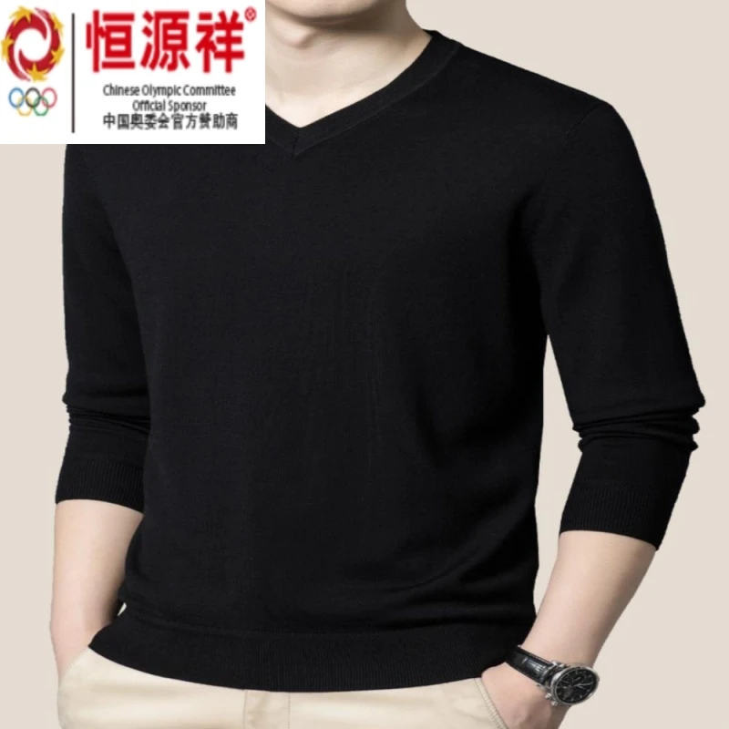 恒源祥集团超细羊毛衫男薄款秋冬季新款中年男士毛衣v领打底衫本