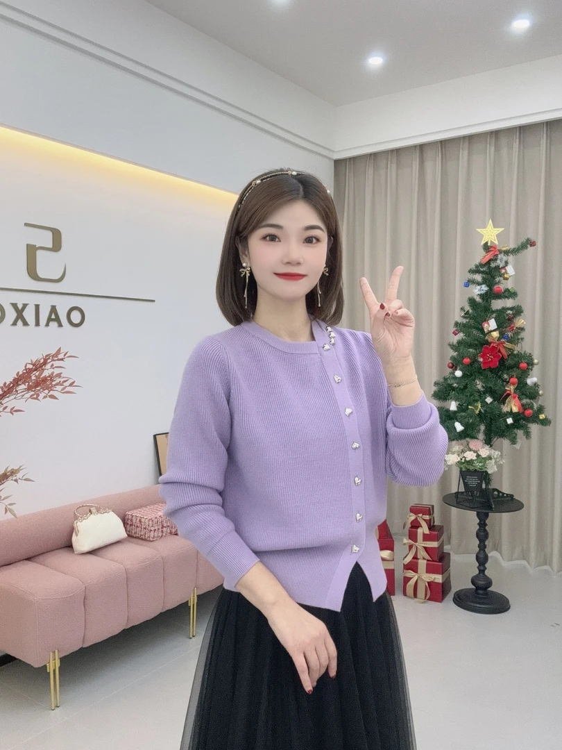 萧萧 小香风开衫网红时尚百搭紫色宽松显瘦打底毛衣圆领针织上衣