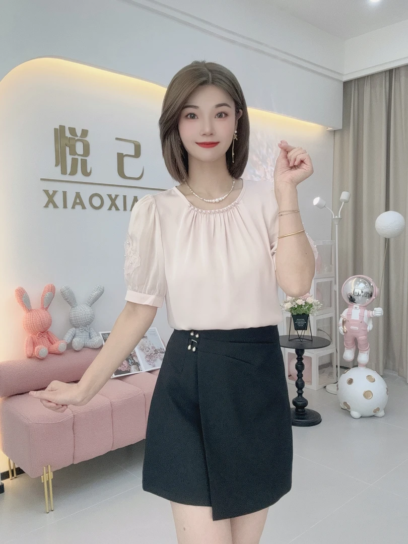 【萧萧】新款高级感钉珠褶皱时尚气质显瘦设计感夏季洋气衬衫上衣