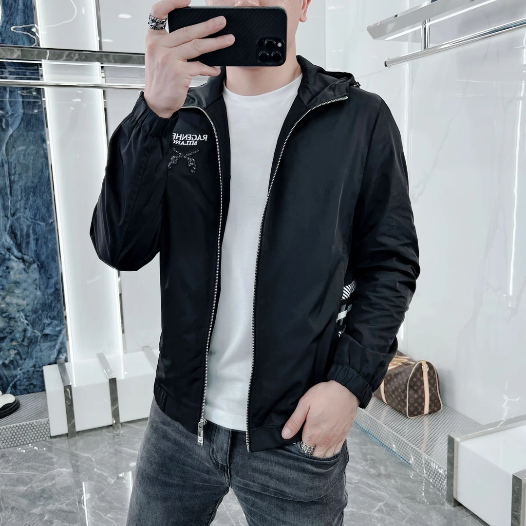 哈喽站春秋新款男士高街外套2024潮牌烫钻夹克上衣潮流带帽时尚男