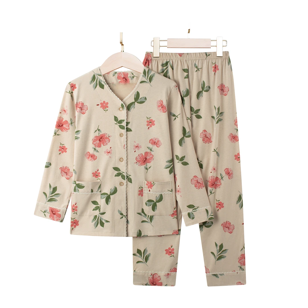 新疆彩棉秋冬季款女士长袖家居服 纯棉女士大码开衫睡衣