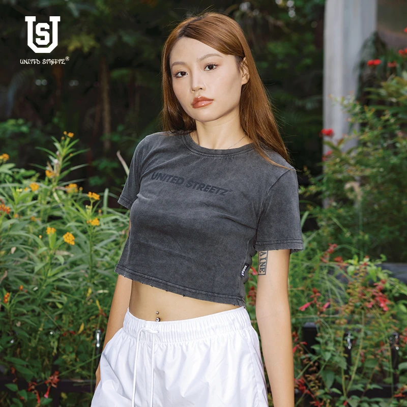 US联邦街牌 复古做旧水洗短袖女 短款嘻哈街舞露腰辣妹字母T恤