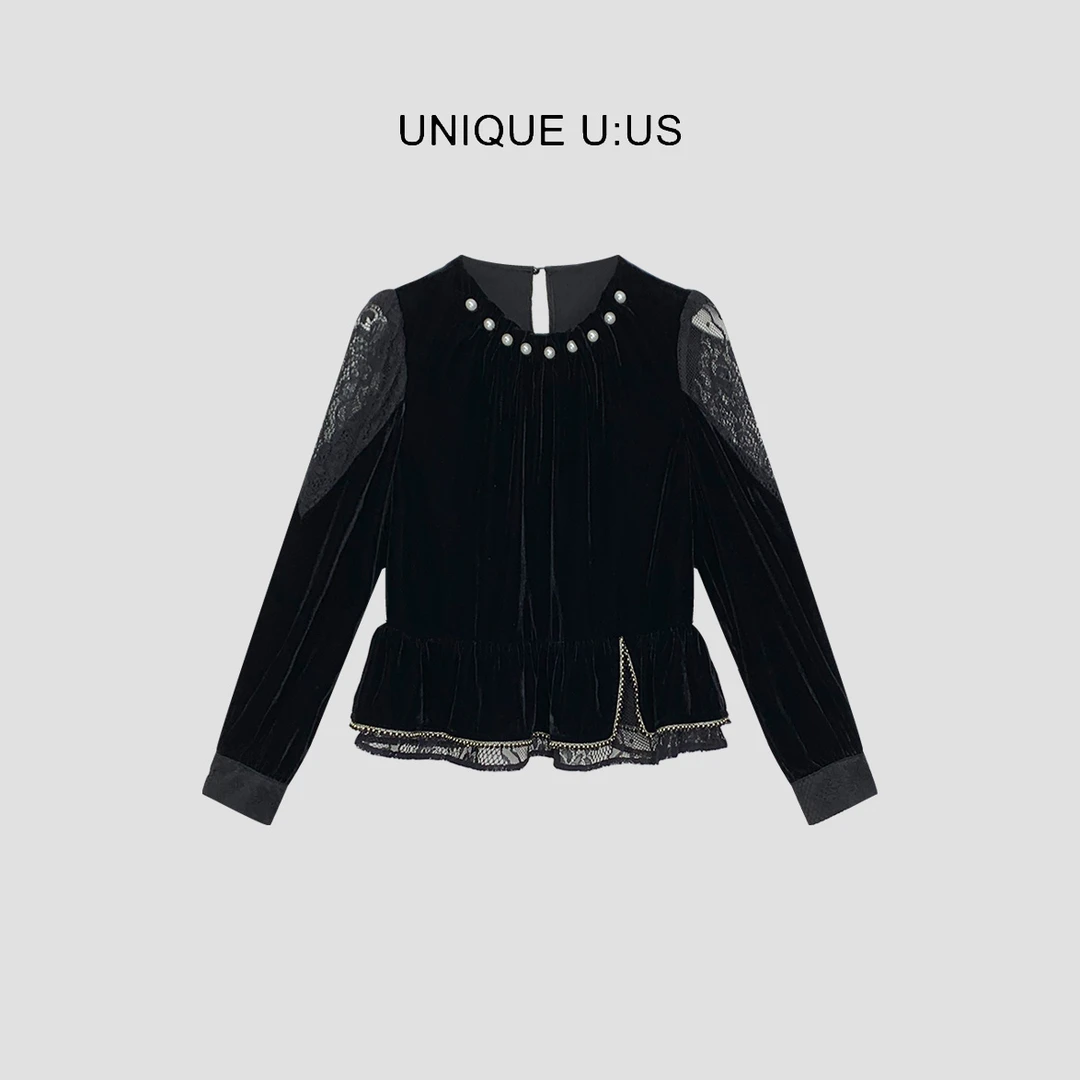 【曼曼】曼陀罗法式丝绒钉珠蕾丝拼接气质长袖上衣衫-248251