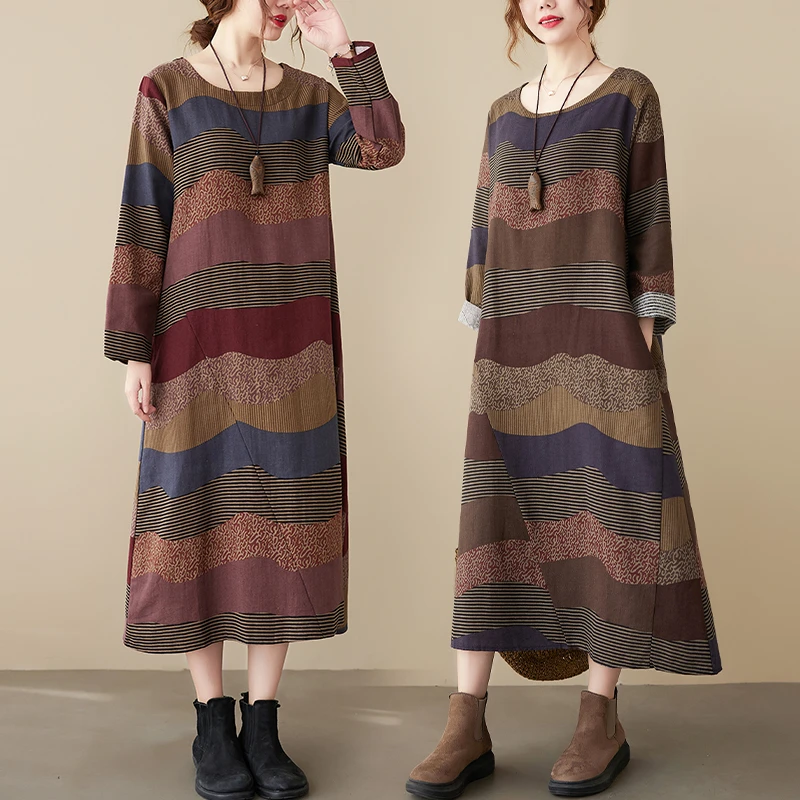 秋装新款2024文艺范气质印花圆领长袖休闲宽松棉麻连衣裙女