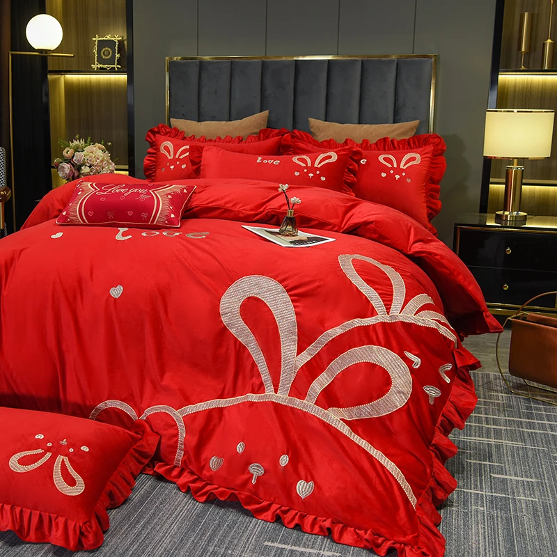 秋冬全消光结婚婚房加绒加厚牛奶绒婚庆大红色刺绣绣花床品四件套
