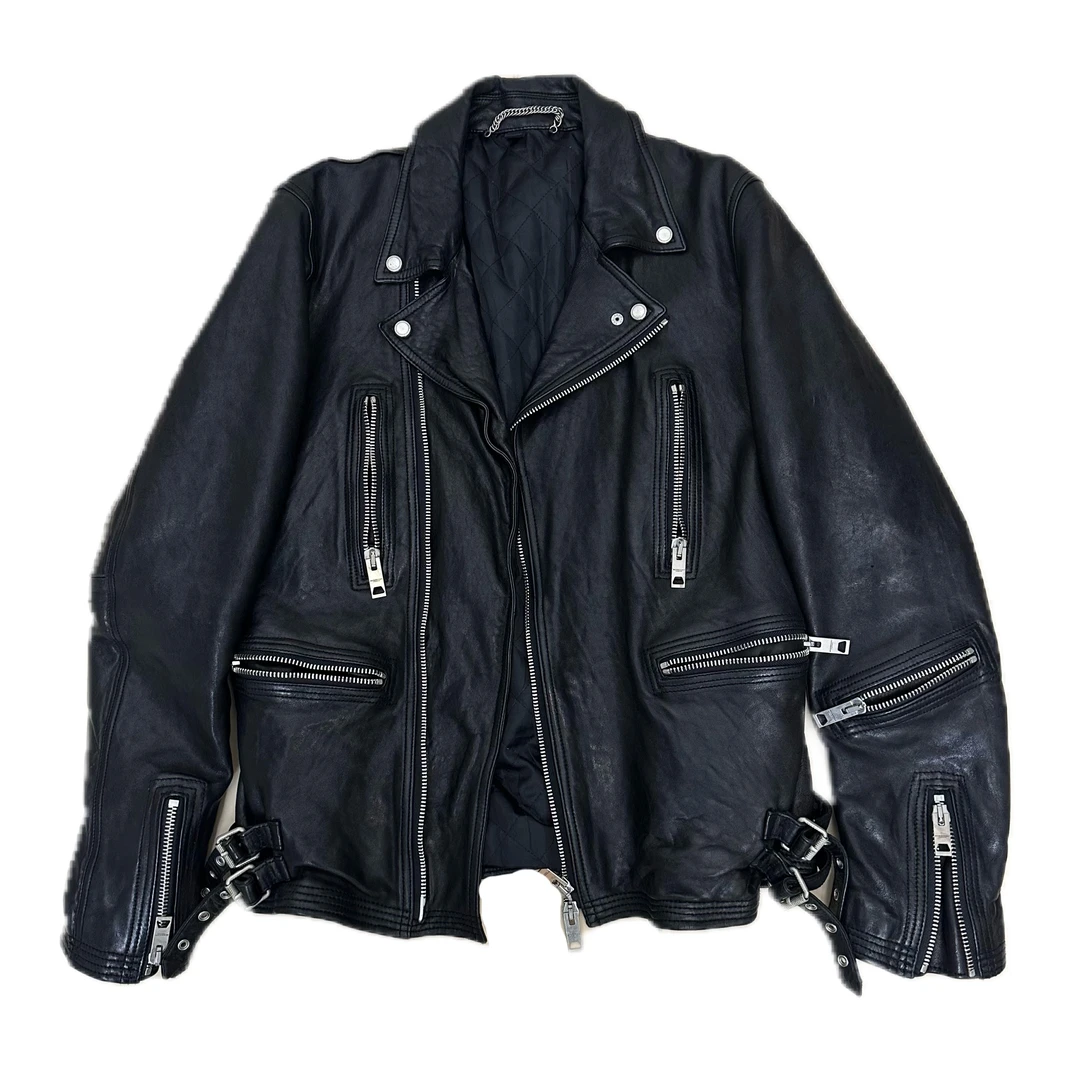 95新 BURBERRY/博柏利 burberry黑色小牛皮机车皮衣夹克50码