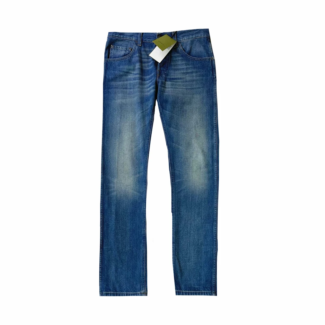 99新 GUCCI/古驰 gucci水洗蓝后背皮牌裤脚三色织带牛仔裤30码