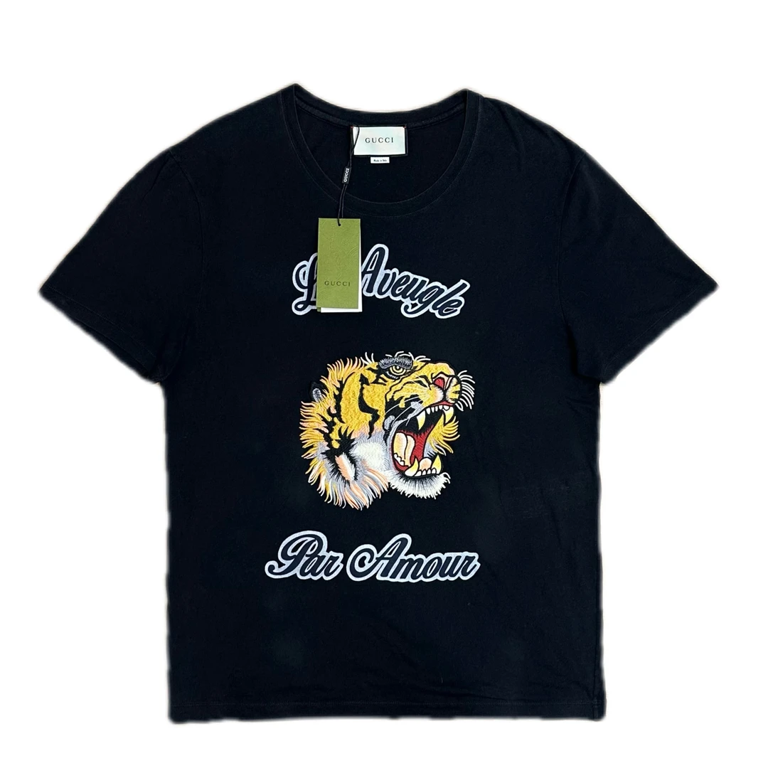 95新 GUCCI/古驰 gucci黑色胸口虎头刺绣logo短袖L码