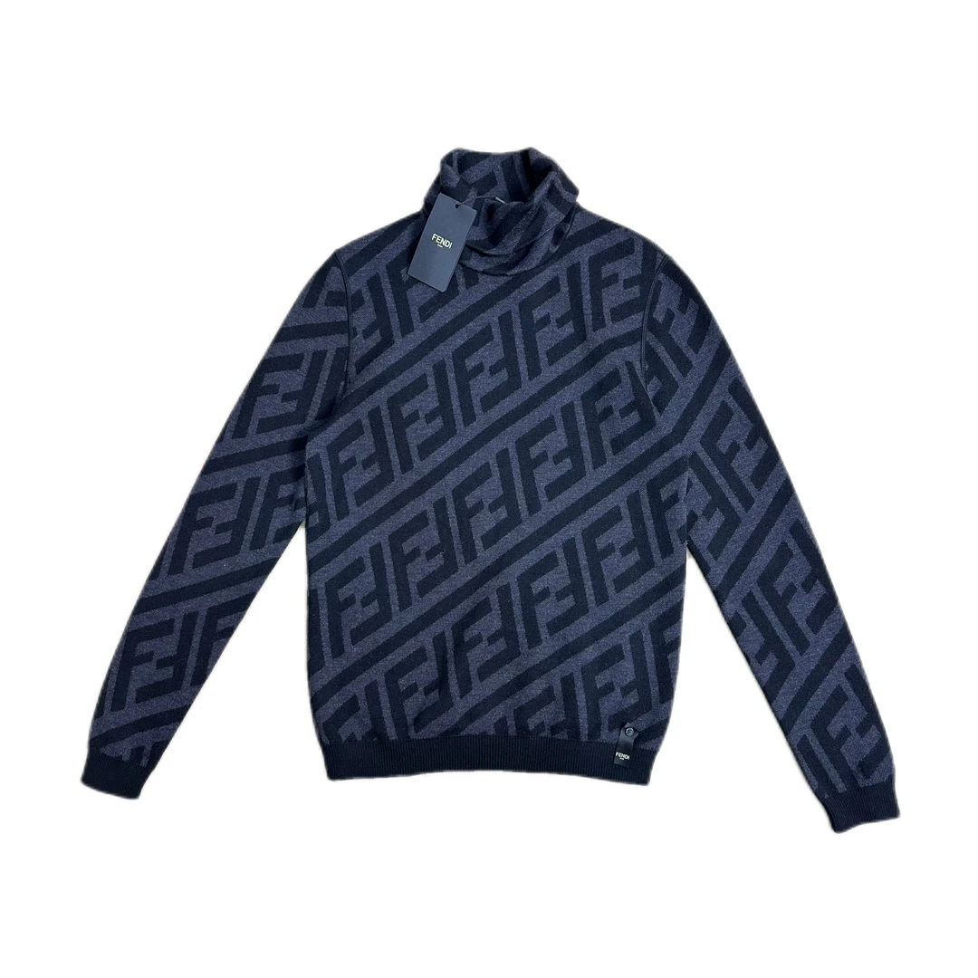 99新 FENDI/芬迪 fendi黑色斜面双F满印logo高领毛衣48码