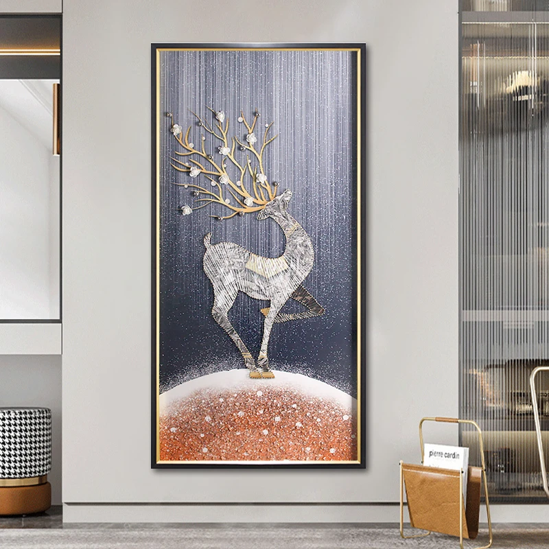 X198轻奢手工实物画入户玄关麋鹿装饰画走廊画客厅沙发背景晶瓷画