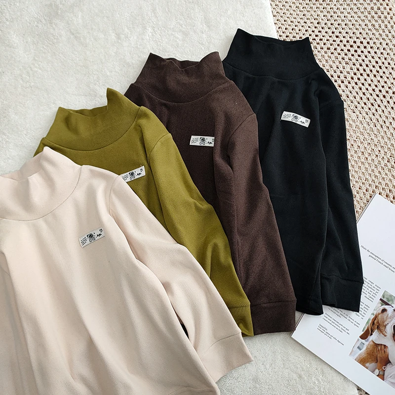 儿童纯色半高领打底衫2023秋冬新款男女童韩版百搭小标打底衫