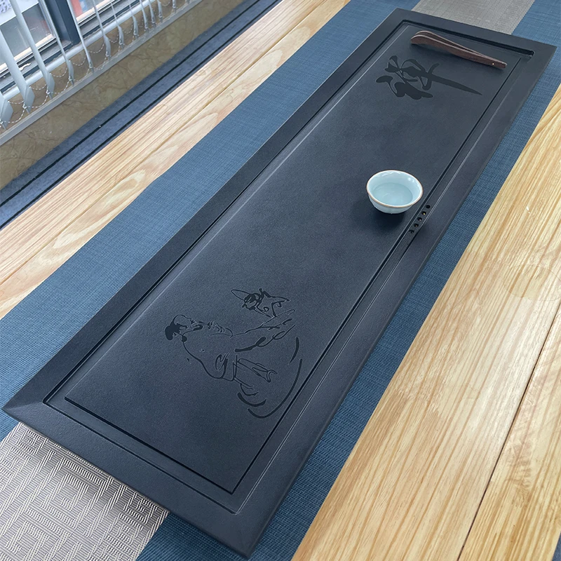 禅茶一味乌金石轻奢整块石茶盘浮雕排水式托盘家用办公石茶盘茶具