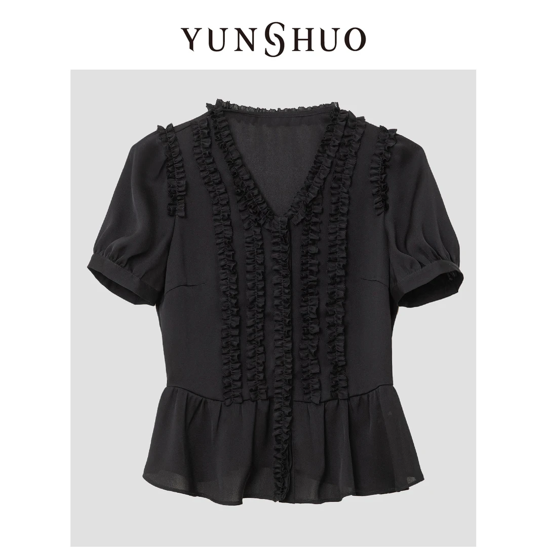 YUNSHUO允硕2024夏季时尚百搭休闲简约显瘦木耳边衬衣335090