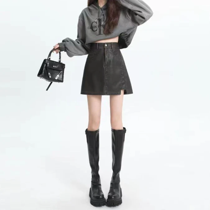 皮裙短裙2024新款大码设计黑色mmPU小皮高腰pu半身裙秋冬百搭时尚
