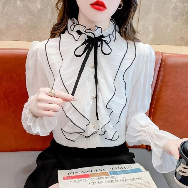 2024秋季新款衬衫设计立领洋气长袖法式荷叶衬衣上衣荷叶边时尚
