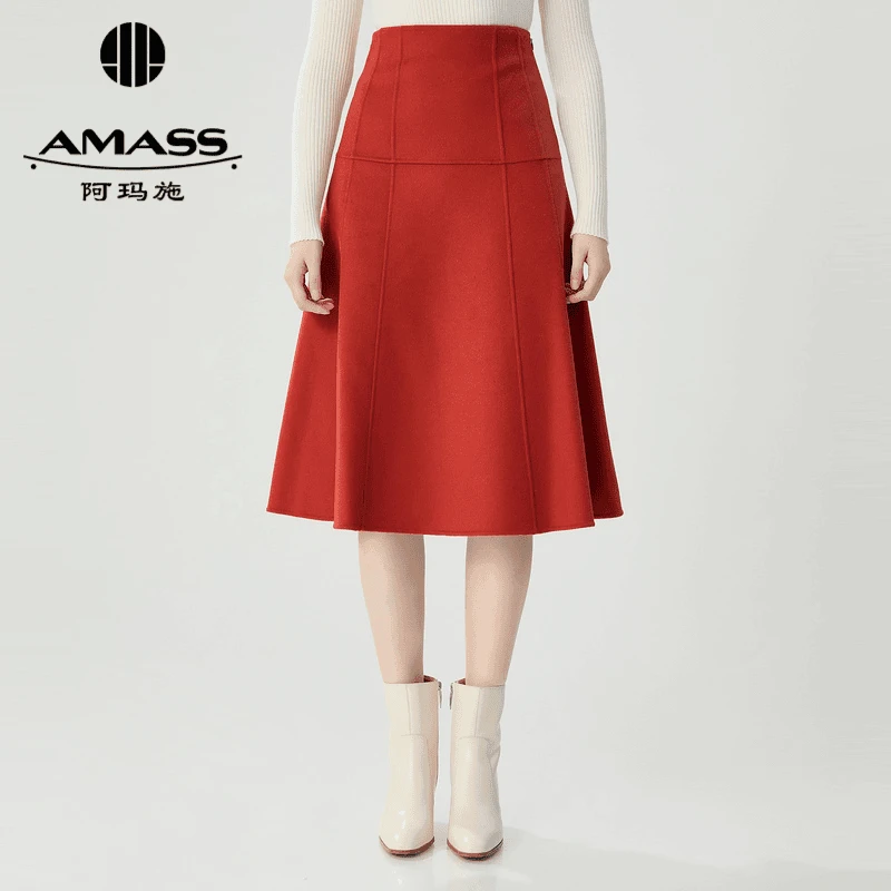 AMASS/阿玛施秋冬新款洋气羊毛新年红色气质毛呢半身裙女5200406
