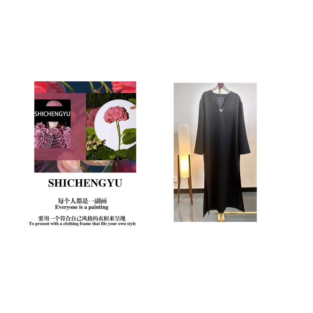 时尚设计师款纯色简约大气金属v领长款轻奢女士连衣裙