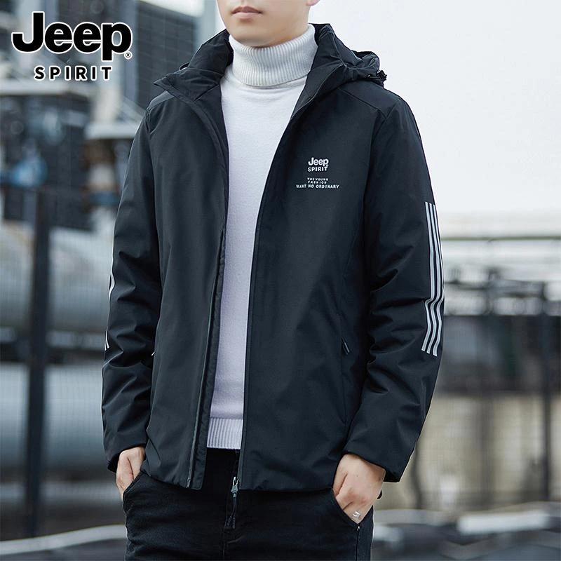 吉普男士冬季潮牌灰鸭绒连帽羽绒衣加厚保暖防寒外套男