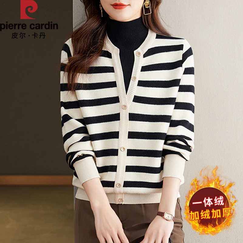 皮尔卡丹新款新款秋冬时尚半高领条纹加绒加厚假两件打底针织衫女