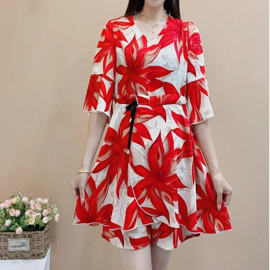 2025夏季新款枫叶印花中长款遮肉显瘦连衣裙两件套