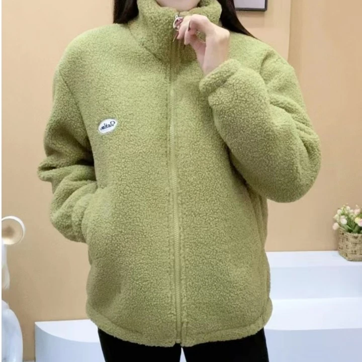 2025秋冬季新款纯色高领加绒加厚时尚百搭立领颗粒绒外套