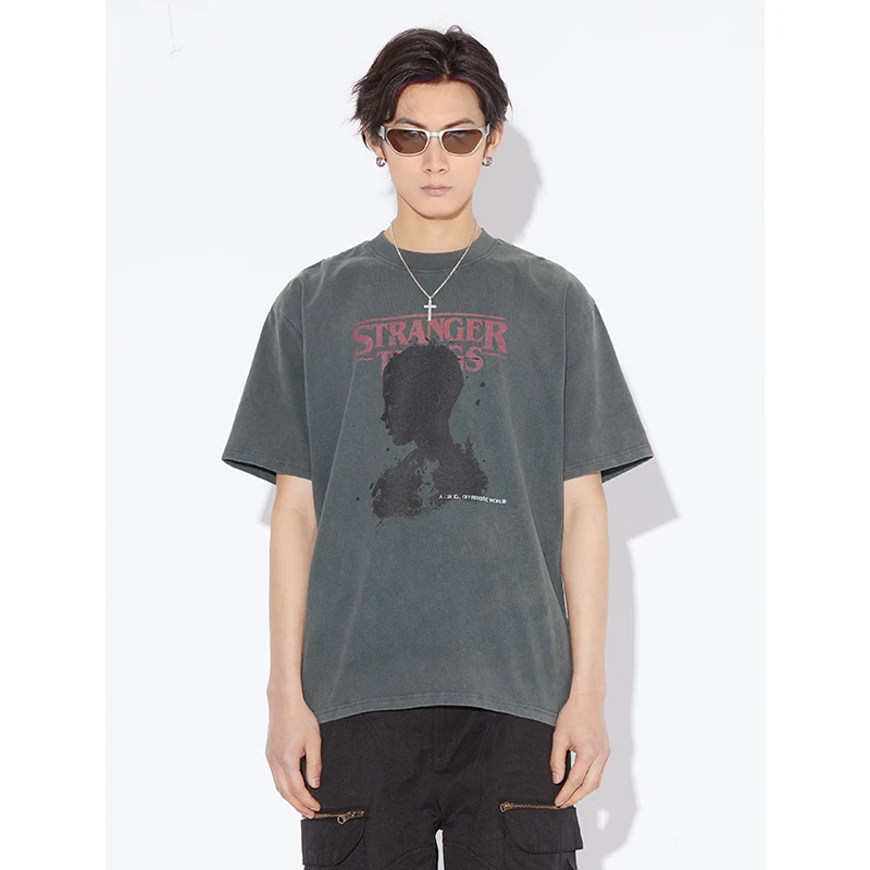 TAICHIISM怪奇物语印花短袖男美式重磅水洗做旧设计休闲宽松T恤潮