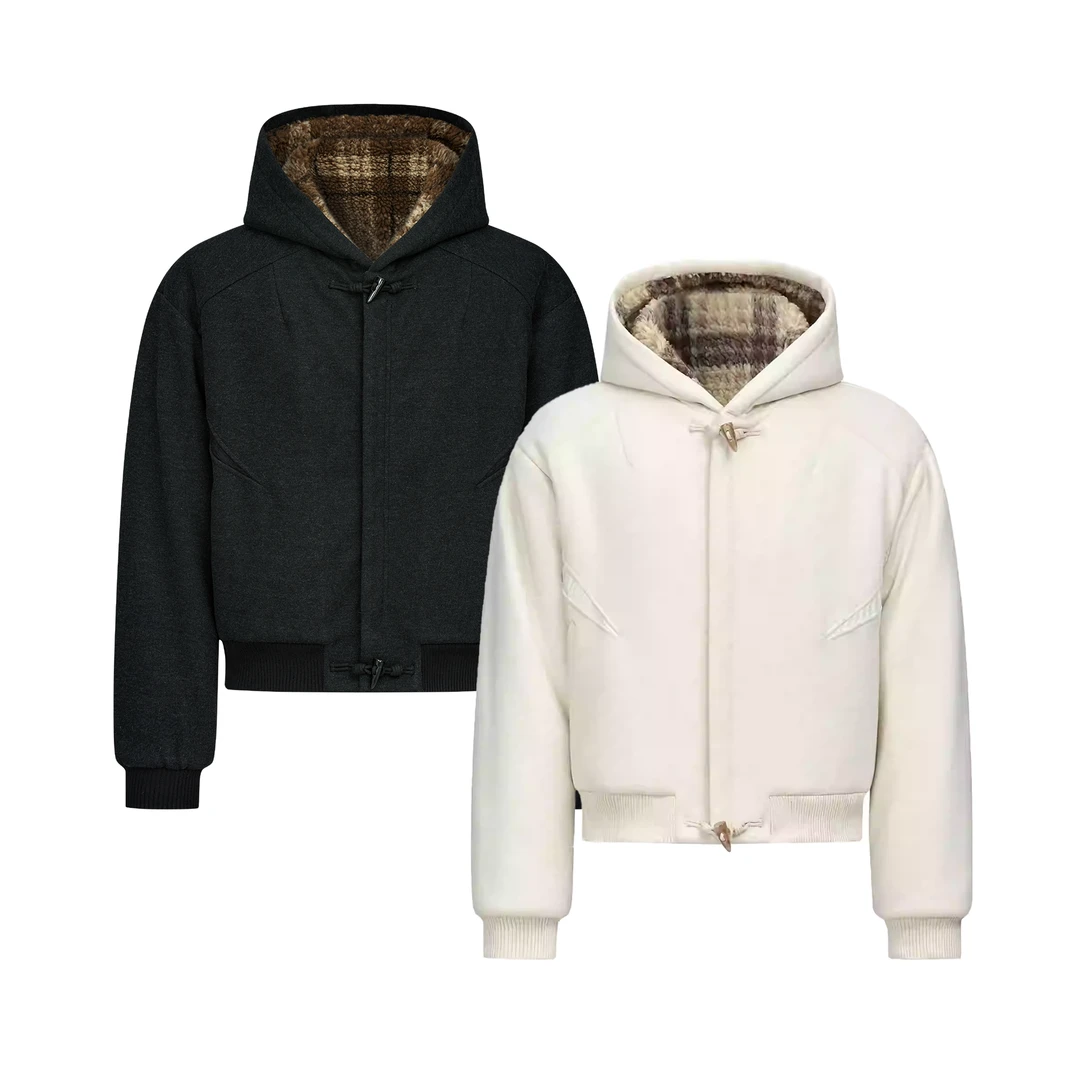 TAICHIISM 秋冬款羊毛混纺牛角扣格纹毛圈绒连帽座山雕加绒卫衣