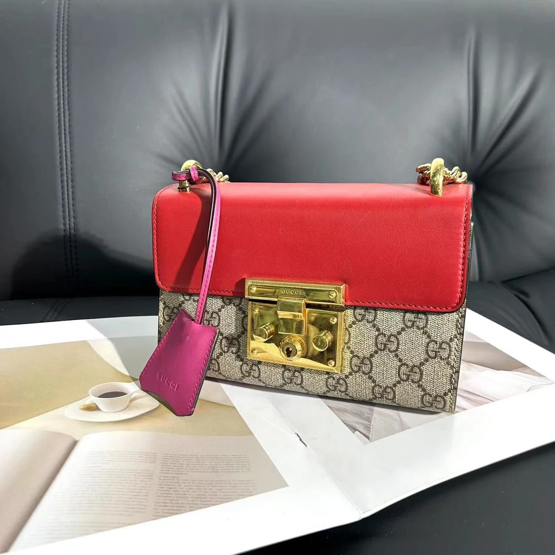 95新 GUCCI/古驰 艾派尔/老花拼红色月光宝盒斜挎包8905