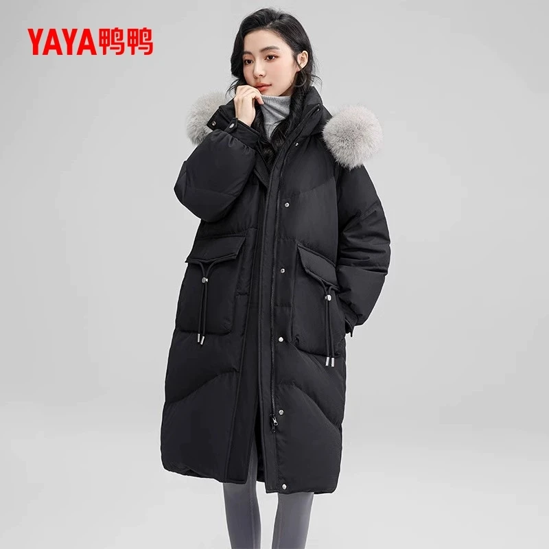 鸭鸭户外90绒羽绒服女士时尚休闲冬长款撞色保暖鸭绒YE3B633683X