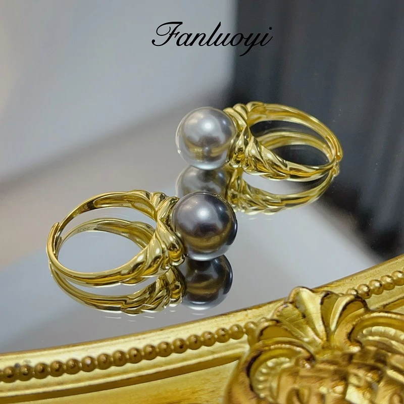 925银仿珍珠戒指 法式高级感正圆灰珠戒指设计款复古轻奢百搭指环