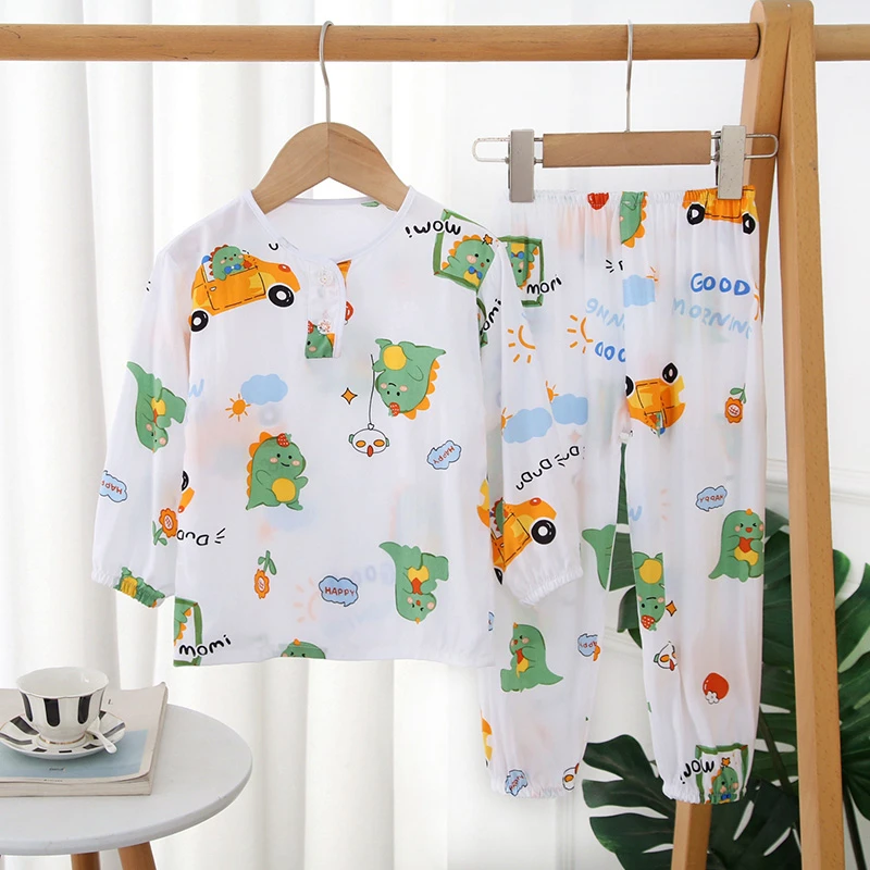 儿童绵绸睡衣长袖套装夏季薄款男童女孩人造棉绸防蚊家居空调服