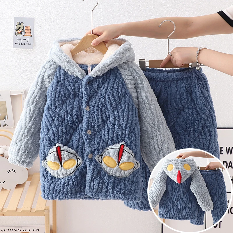 冬季男童法兰绒睡衣连帽加绒加厚款男孩珊瑚绒夹棉家居服套装外穿