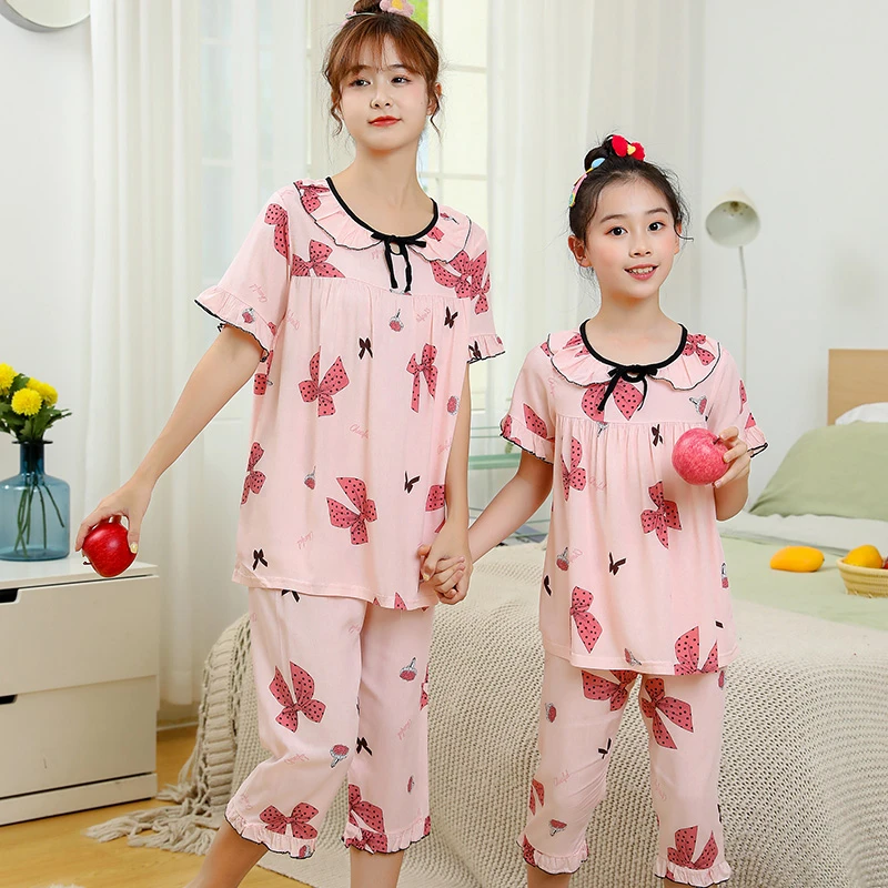 儿童夏季短袖绵绸家居服套装薄款儿童款睡衣母女装宝宝大码女孩