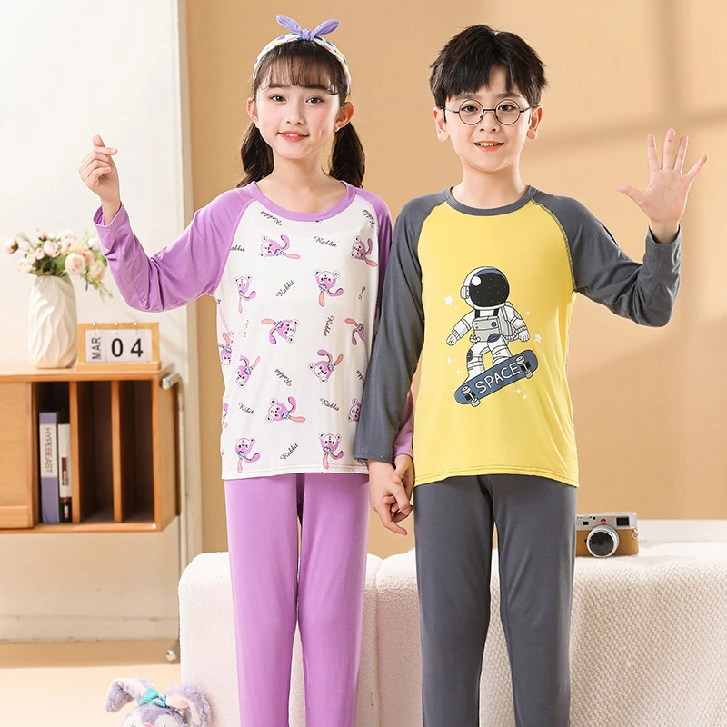 儿童款睡衣莫代尔夏季薄套装中大童空调服男女孩冰丝家居亲子套装