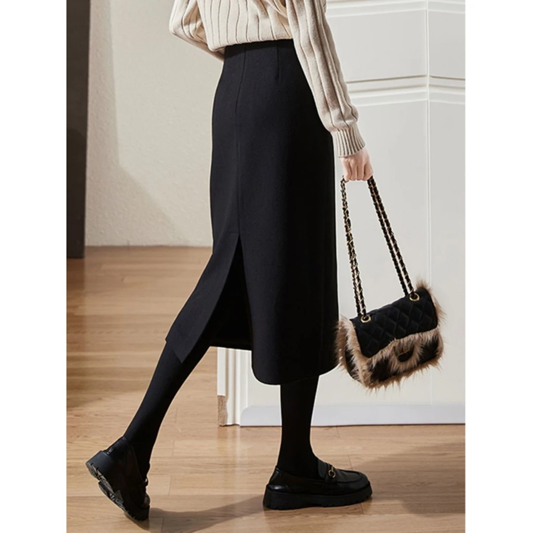 法式感气质毛呢半身裙2024冬季黑色高腰直筒开叉中长款显瘦包臀裙