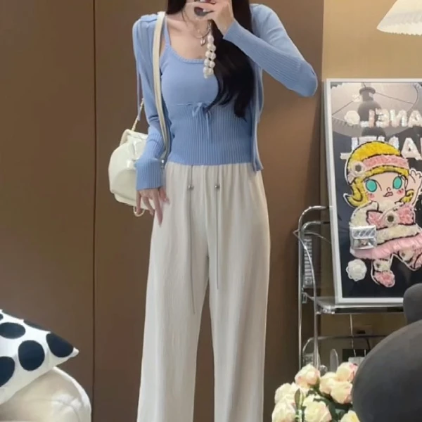 肌理感白色阔腿裤女夏季薄款高腰宽松垂感拖地直筒阔腿裤女-Y3048