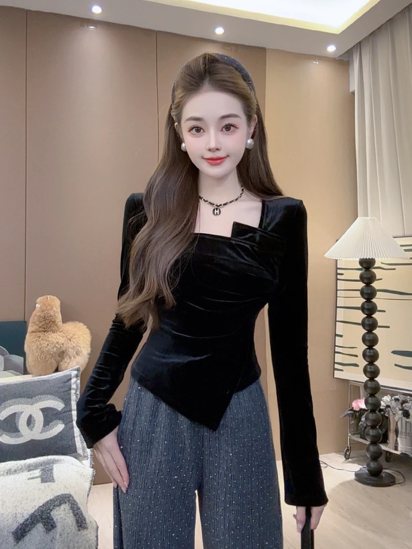 【尤猫】百搭显瘦设计感不规则拼接气质丝绒外套+裤子套装-Y31077