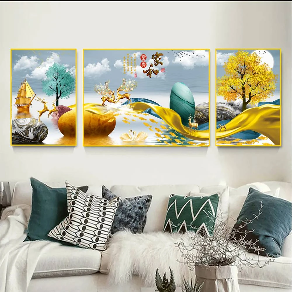 KT201晶瓷镶钻家和富贵现代新中式山水挂画客厅沙发背景墙挂画