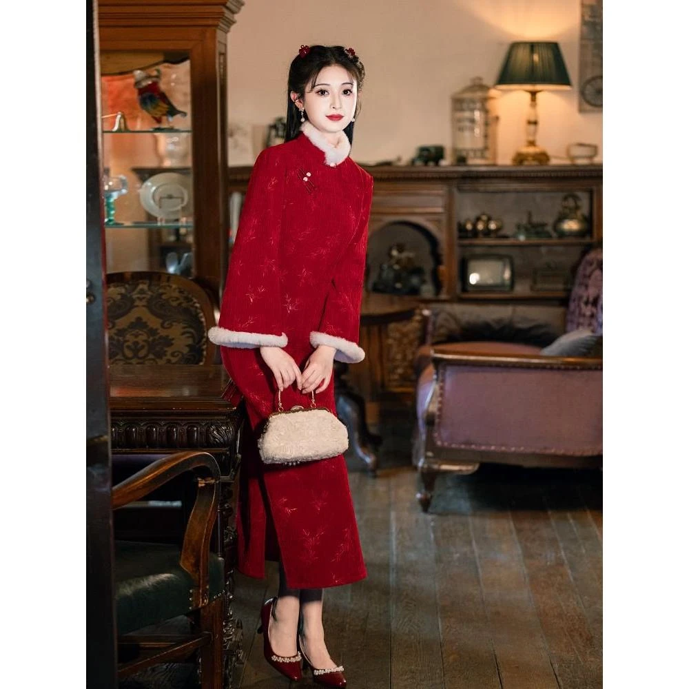 红色旗袍敬酒服新娘订婚礼服裙新中式日常可穿长袖冬款加绒加厚