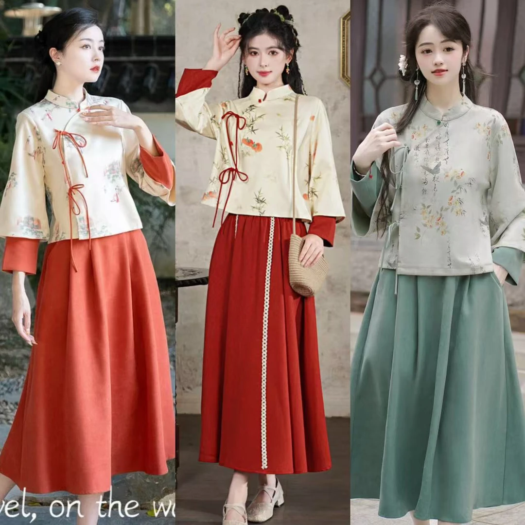 【加绒来也】新中式国风仙气改良汉服长袖上衣半裙温婉两件套装