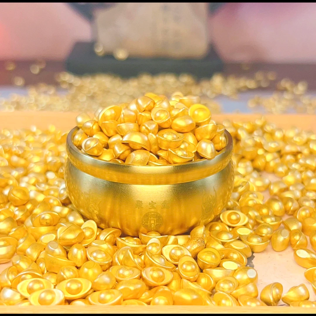 高档新中式精品实心沙金小元宝仿金元宝摆件聚宝盆米缸创意装饰品