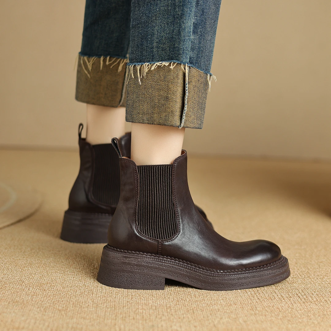 半坊手工女鞋|34-39码|4.5cm跟|咖色/黑色|厚底切尔西短靴女