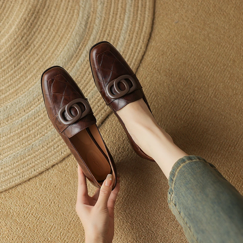 Rich手工女鞋|34-39码|4.0cm|方头浅口真皮显瘦粗跟软底乐福鞋女