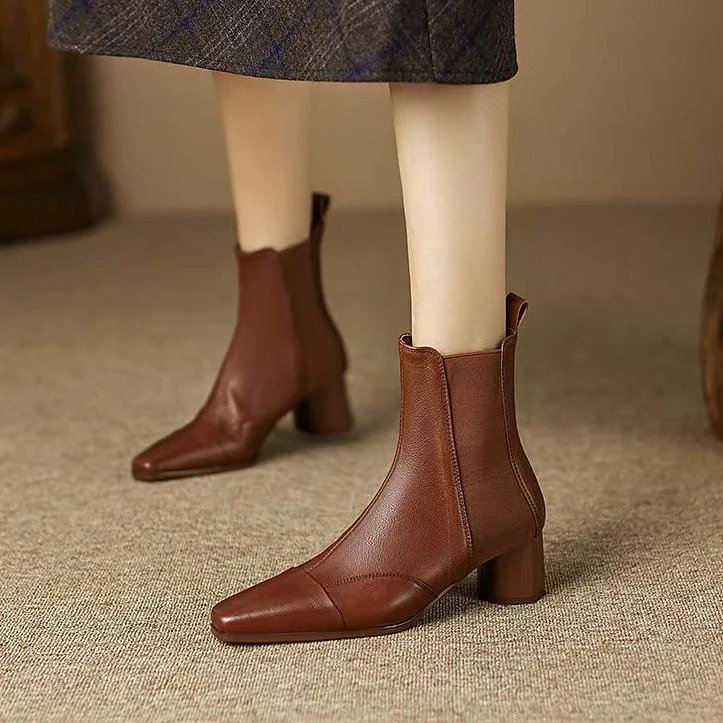 【断码鞋】/34-40/4.5cm/法式复古中筒粗跟小方头百搭真皮女鞋